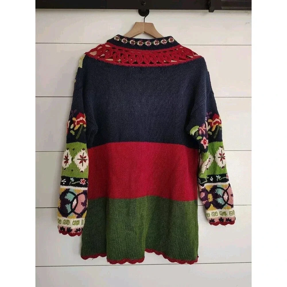 Vtg Boho LARGE Folk Art Knit Sweater Floral Cottage Crochet Trim Artsy Scandi - Picture 4 of 8